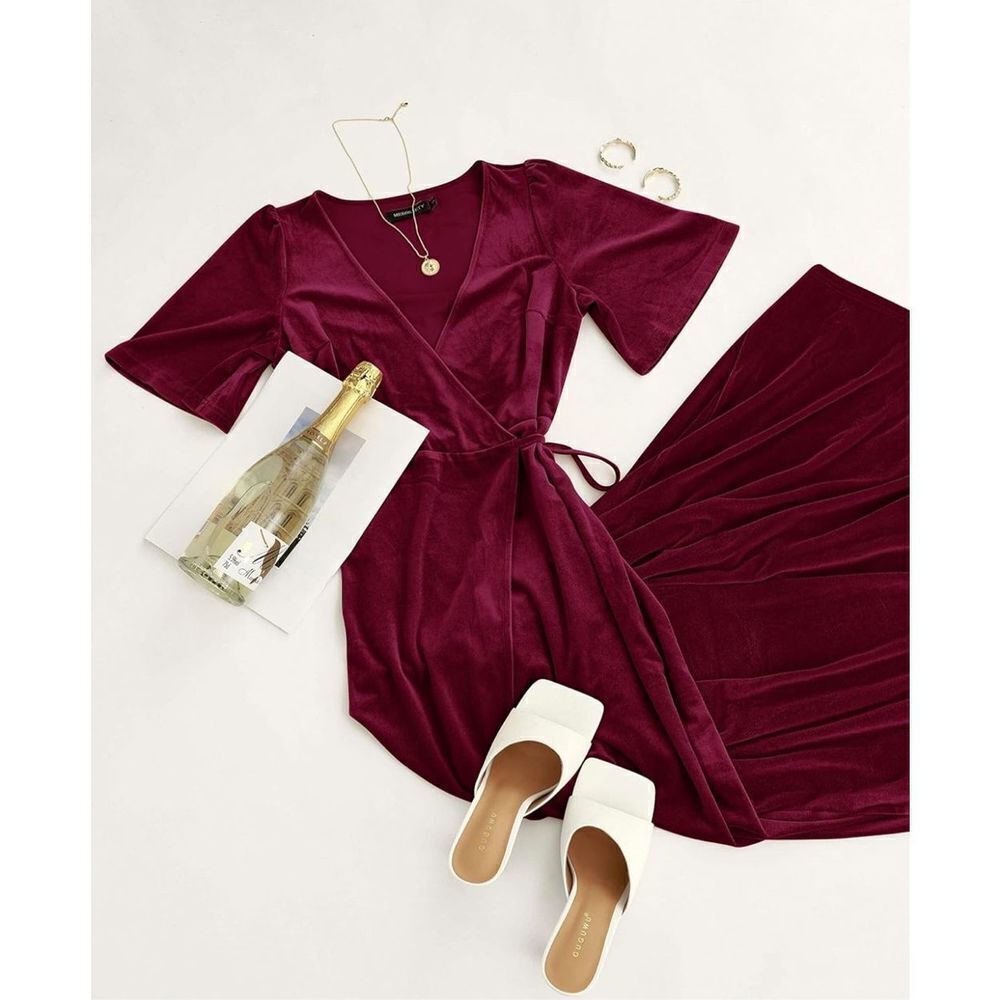 NEW MEROKEETY V Neck Wrap Velvet Maxi Dress Bridesmaid M - Picture 5 of 7